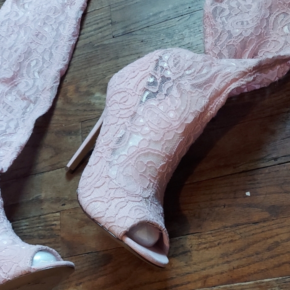 Elegant Pink Lace Over-the-Knee Heels - Picture 7 of 15